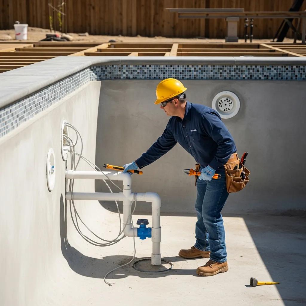Essential Steps for Pool Building Permits in North Texas 4 Pool inspector examining plumbing and electrical installations during pool construction