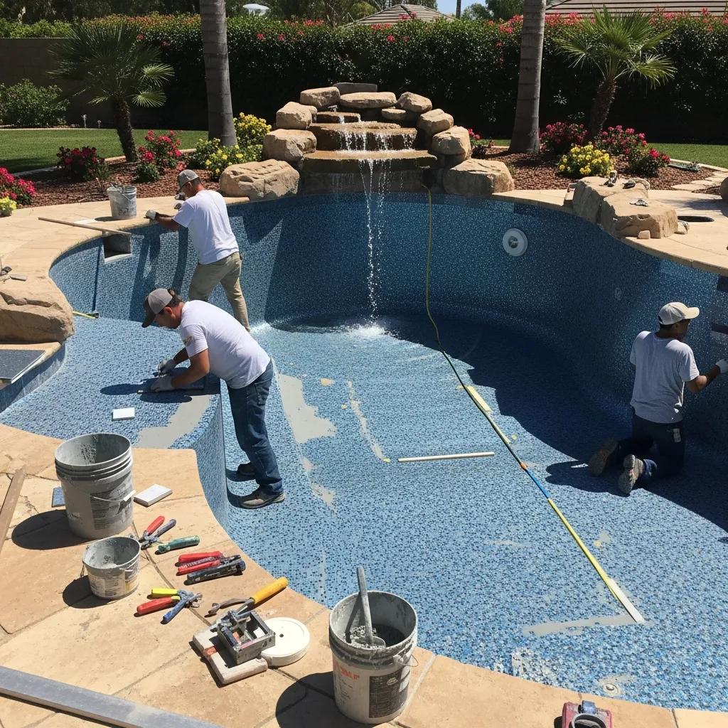 Pool remodeling project with workers installing new tiles and features