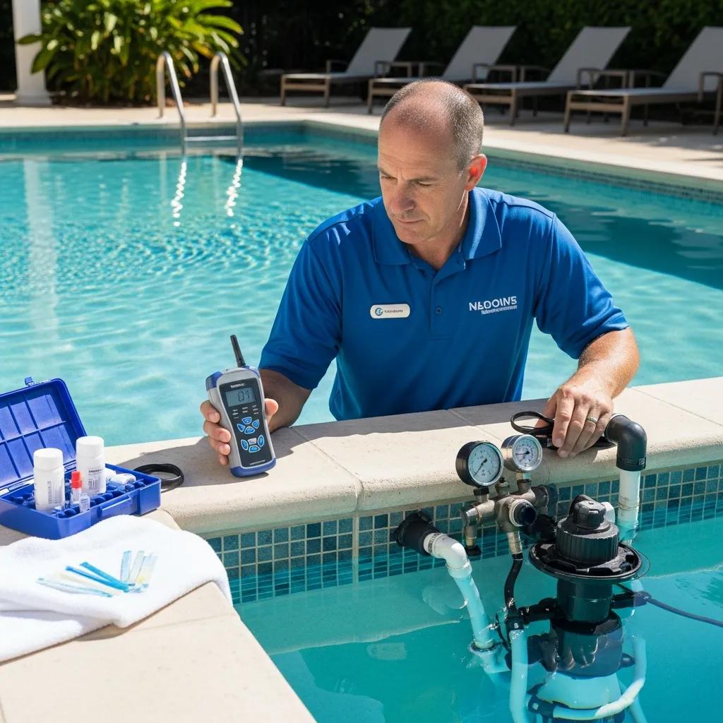 Trusted Pool Builders in Argyle, Texas - Custom Pools Argyle 4 Pool technician performing maintenance on a sparkling clean swimming pool