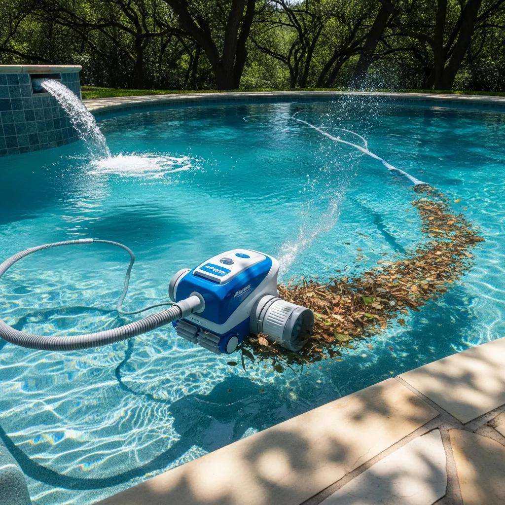 Discover Top Robotic Pool Cleaners for Effortless Cleaning 4 Pressure side pool cleaner efficiently collecting large debris in a tree-surrounded swimming pool