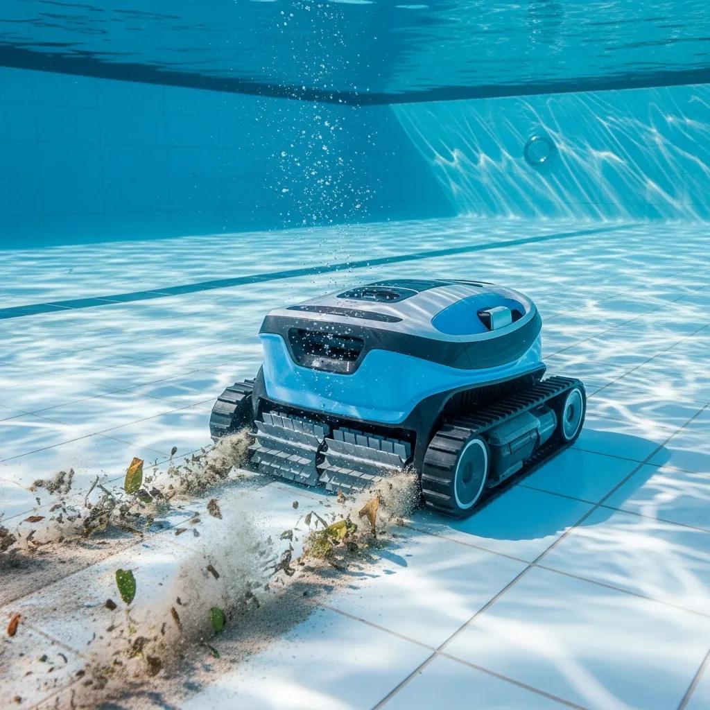 Effective Pool Cleaning & Vacuuming Techniques 4 Robotic pool cleaner efficiently cleaning the pool floor, illustrating advanced pool maintenance technology