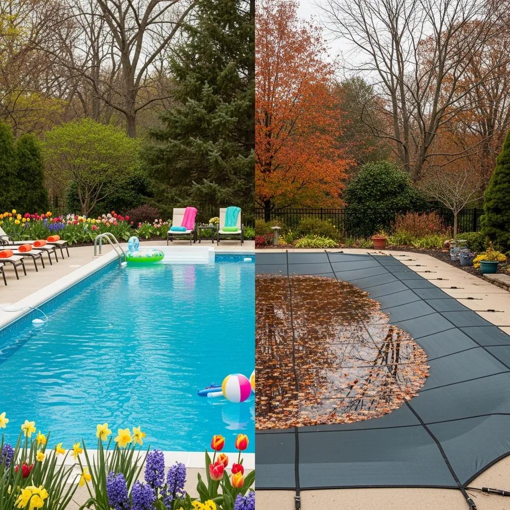 New Pool Owners: Key Maintenance Questions to Consider 4 Seasonal changes in pool care illustrated with a spring-ready pool and an autumn-covered pool
