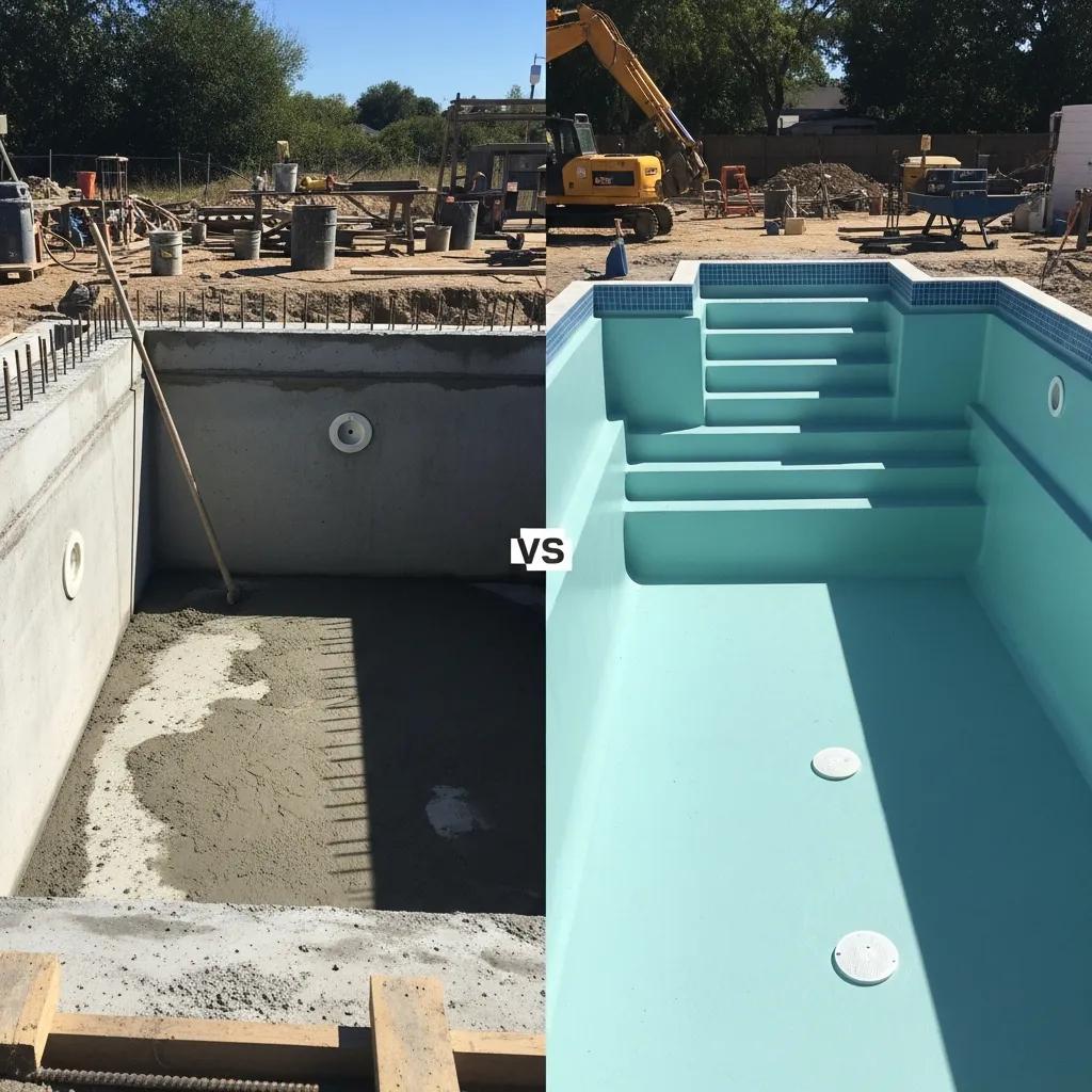 Side-by-side comparison of concrete and fiberglass pool installation sites, illustrating cost differences