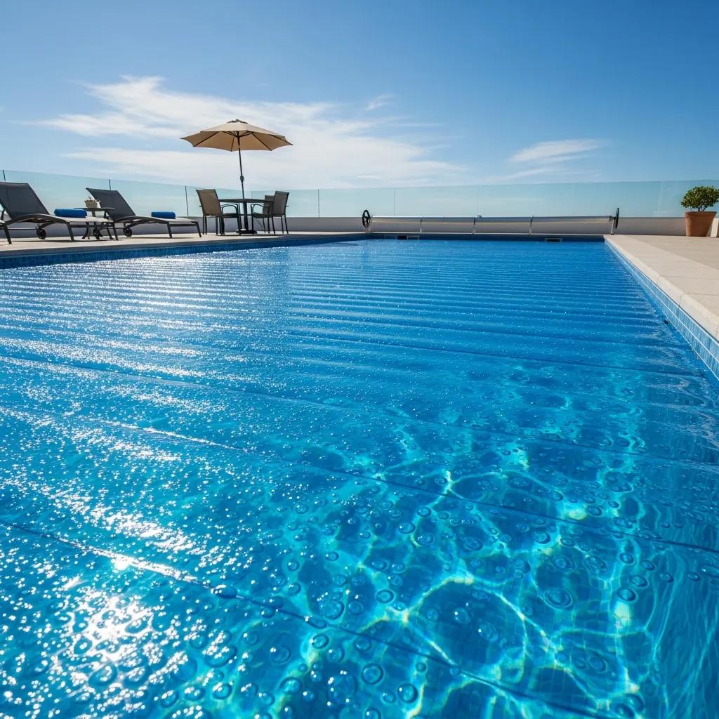 Save Water with Innovative Strategies for Custom Pools 3 Solar pool cover on a blue pool under a sunny sky