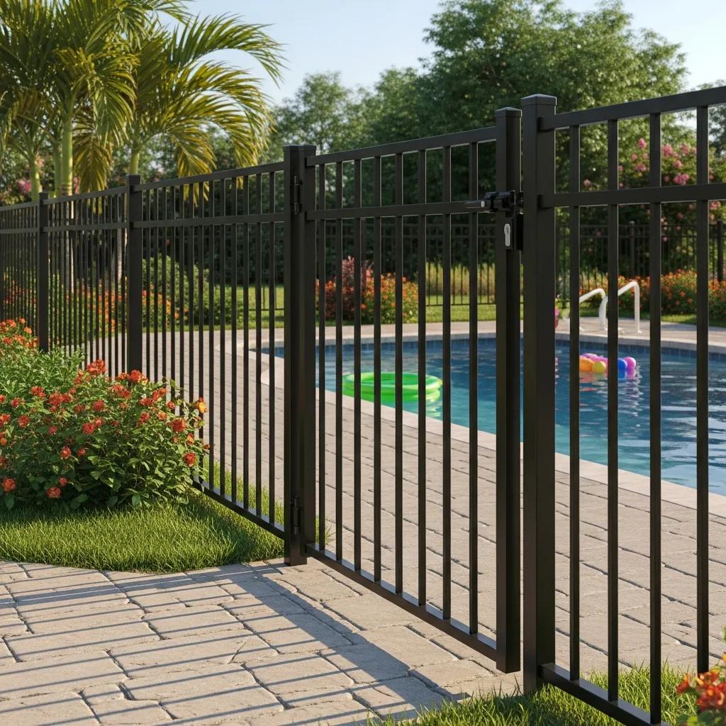 Top Pool Safety Features Every Family Should Consider 3 Sturdy pool safety fence and childproof gate around a pool area