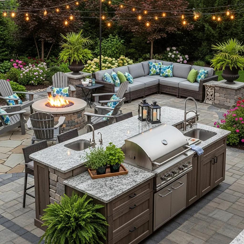 Stylish outdoor kitchen and living area for entertaining in resort-style backyard