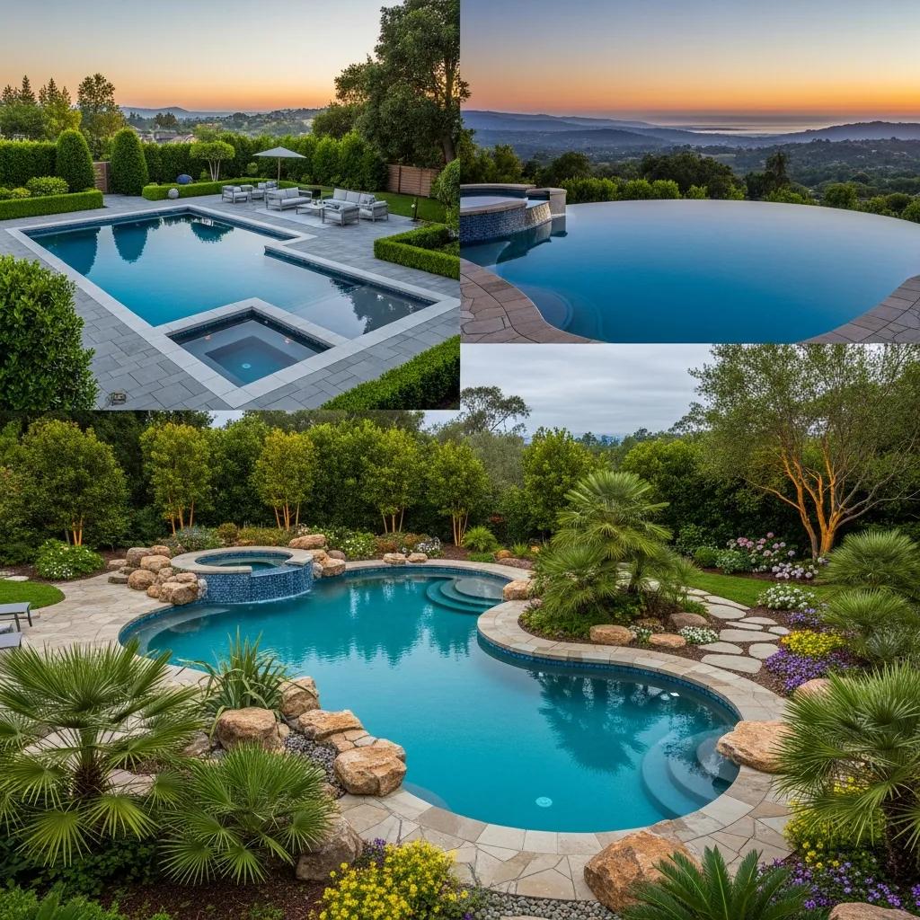 Three luxury pool designs: infinity edge, geometric, and freeform in a landscaped backyard