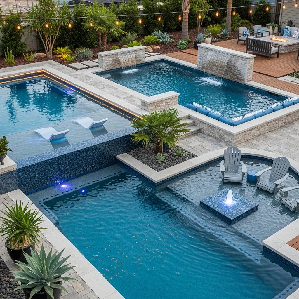 Variety of customization options for precast pools, including designs and integrated features