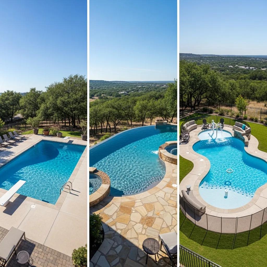 Affordable Pool Construction Cost in North Texas Explained 3 Variety of pool types including rectangular, infinity, and fiberglass in a sunny setting