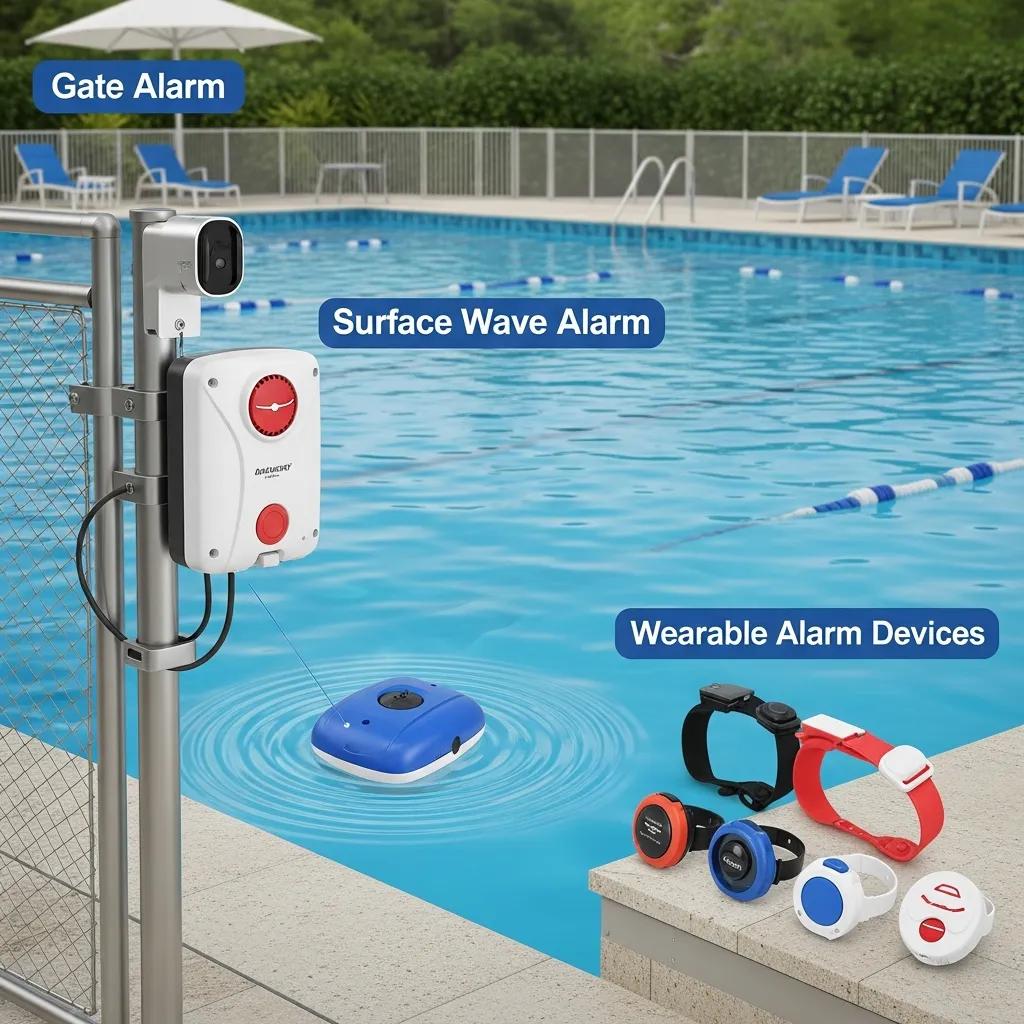 Top Pool Safety Features Every Family Should Consider 4 Various types of pool alarm systems including gate, surface wave, and wearable alarms
