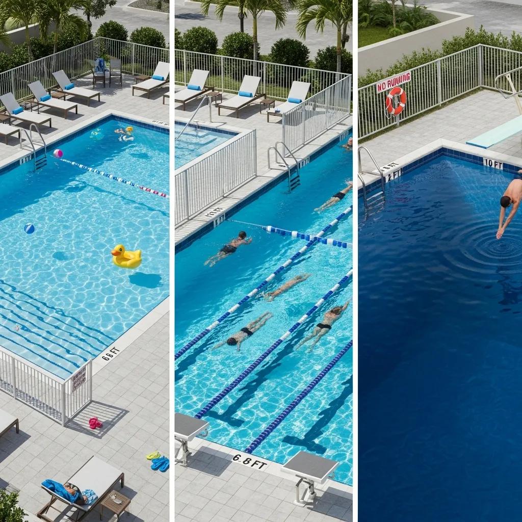 Discover Ideal Pool Size for Your Backyard Oasis 4 Visual representation of different pool depths: shallow, deep, and diving pools in realistic settings