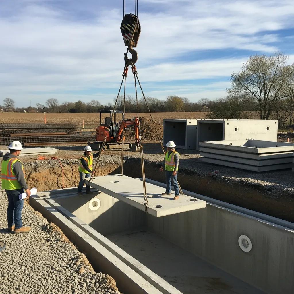 Workers installing a precast concrete pool using cranes, showcasing the efficient installation process